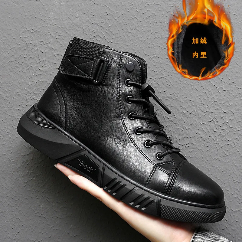 

Men's plus-size trendy British boots with fleece warmth high-top men's casual leather boots