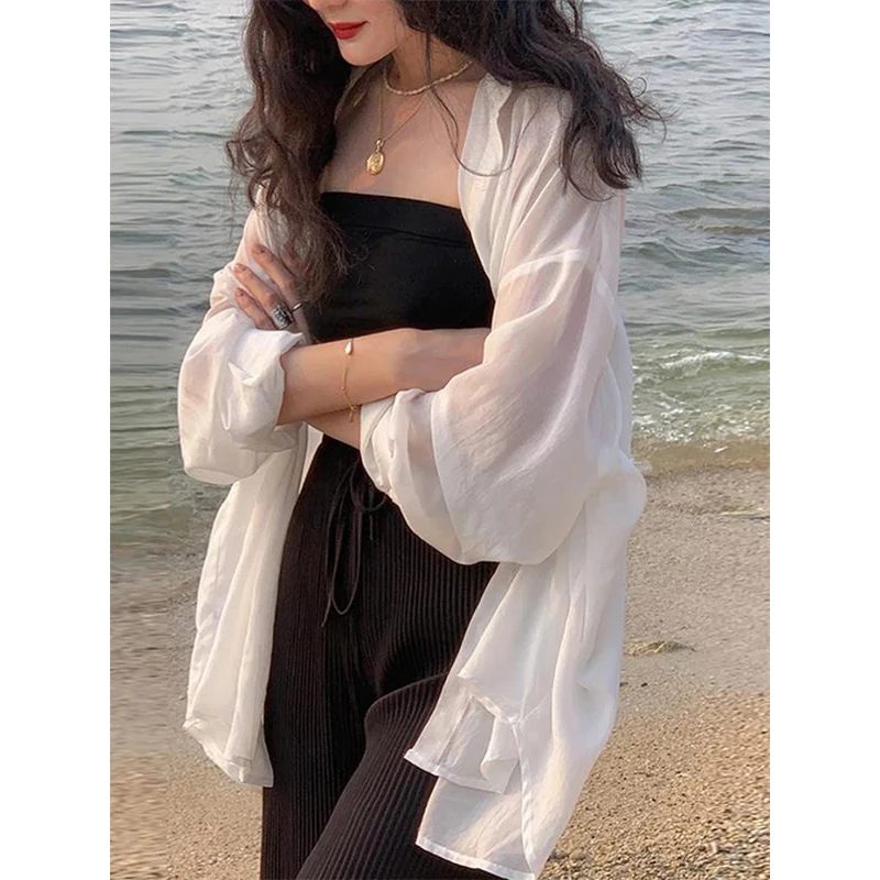 MEXZT White Sunscreen Shirt Women Sexy Backless Chiffon Sun Protection Cardigan Tops Summer Elegant Solid Loose Casual Blouse