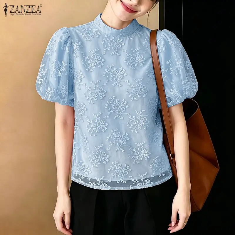 

2026 ZANZEA Summer Elegant Short Puff Sleeve Blouse Women Lace Patchwork Tops Fashion Shirt Embroidered Holiday Blusas Femme