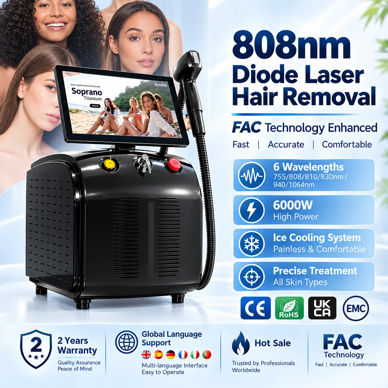 Professional 4 Waves Portable 5000w Soprano Diode Ice Titanium Laser Body Hair Removal Machine 808nm 755 940 1064NM Device