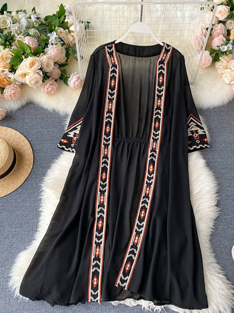 SEDUTMO Summer Bohemian Pareo Beach Kimono Women Embroidery Cover Up Long Fashion Poncho Cardigan Chiffon Shirt ED1875