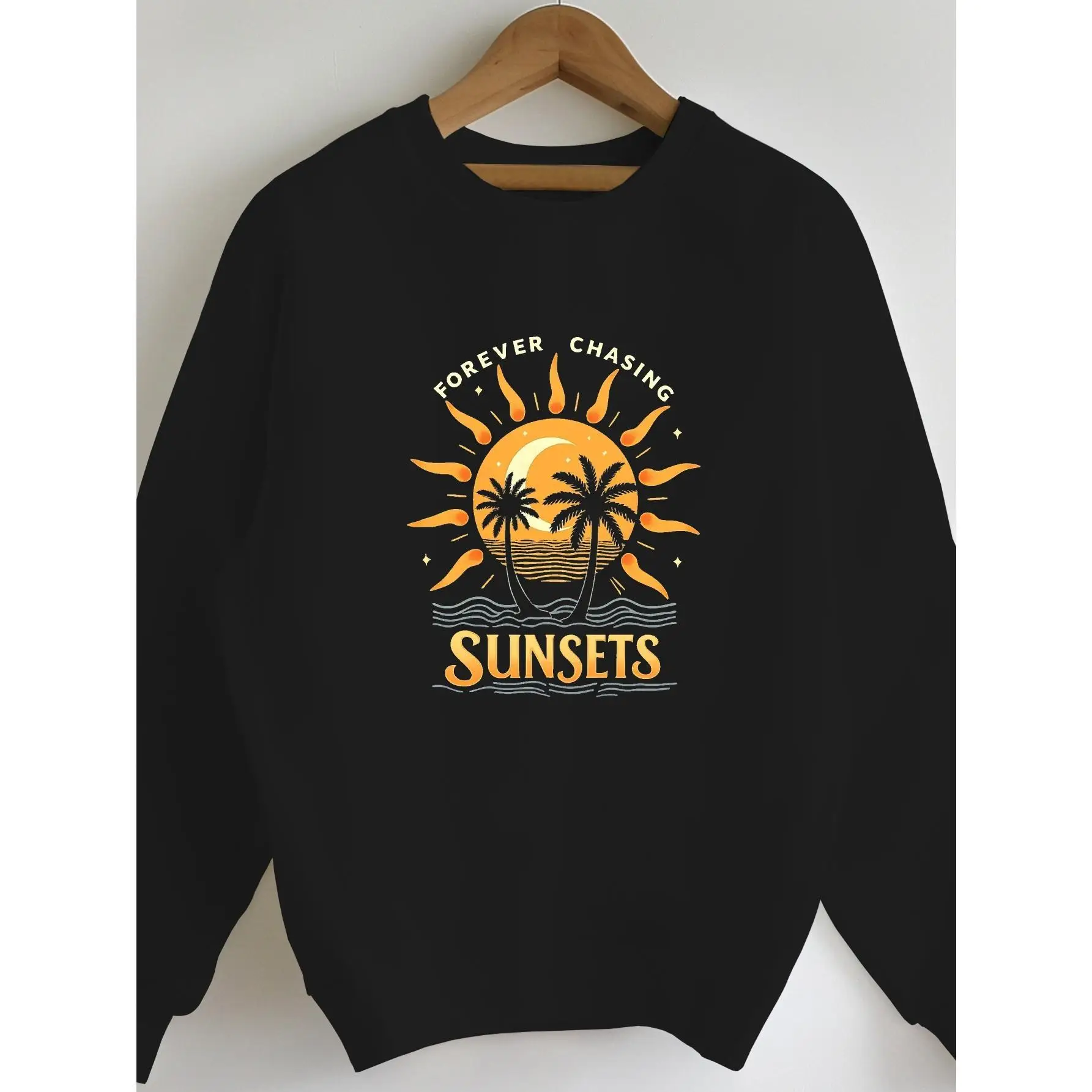 

"Forever Chasing Sunsets" Sweatshirt Unisex Retro Beach Graphic Pullover Vacation Travel Ocean Lover Cotton Top Holiday Gift