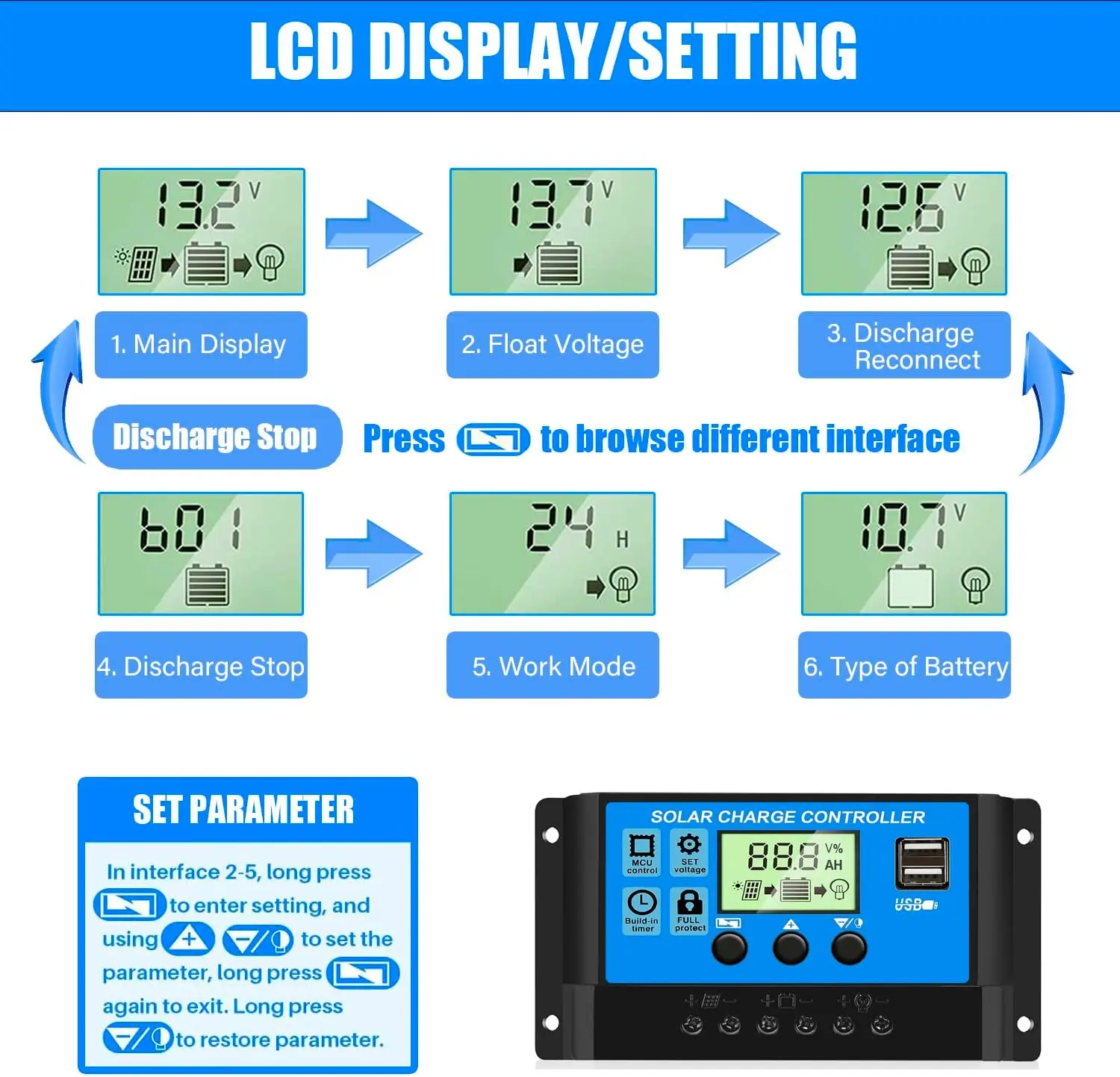 Solar Charge Controller 12V/24V PWM 10A 30A with Adjustable LCD Display Timer Setting ﻿