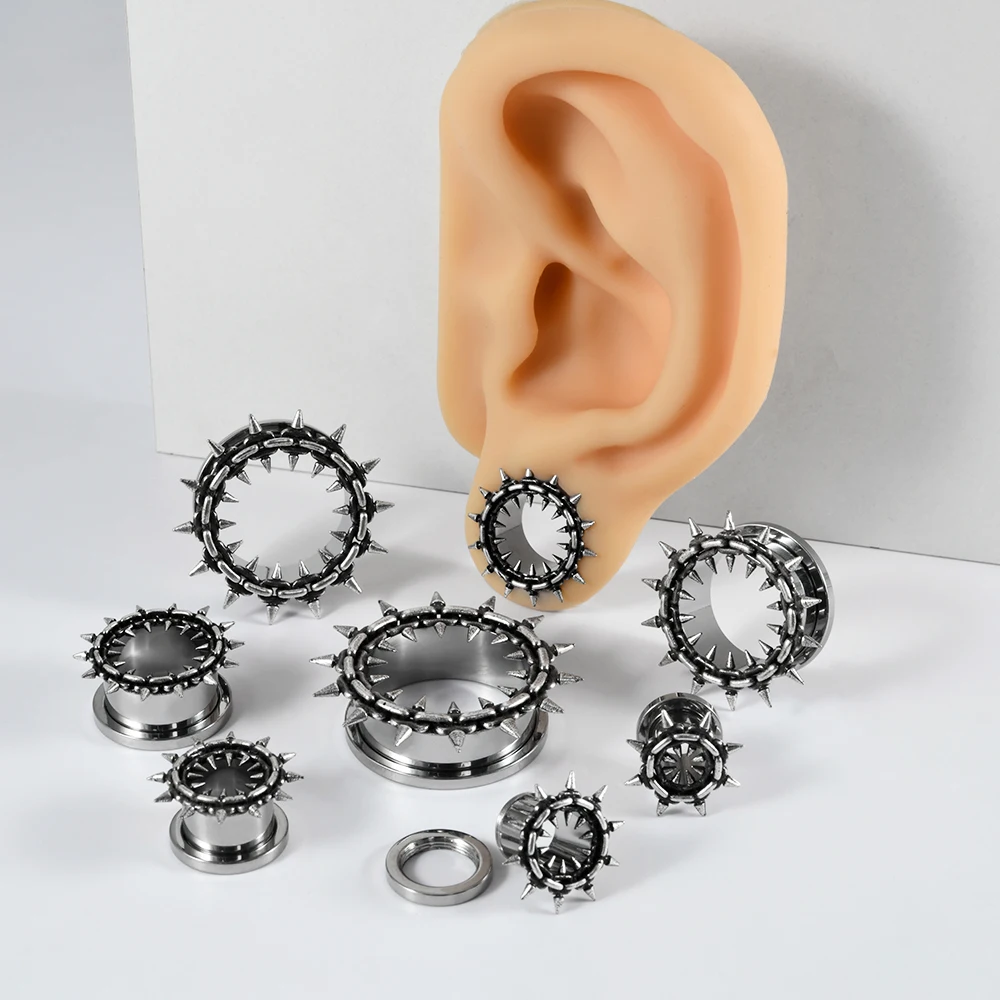 1PC Stainless steel Spike&Lock Screw Ear Tunnel Plugs Fangs Ear Gauges Expander Punk Body Piercing Body Jewelry 8mm-25mm