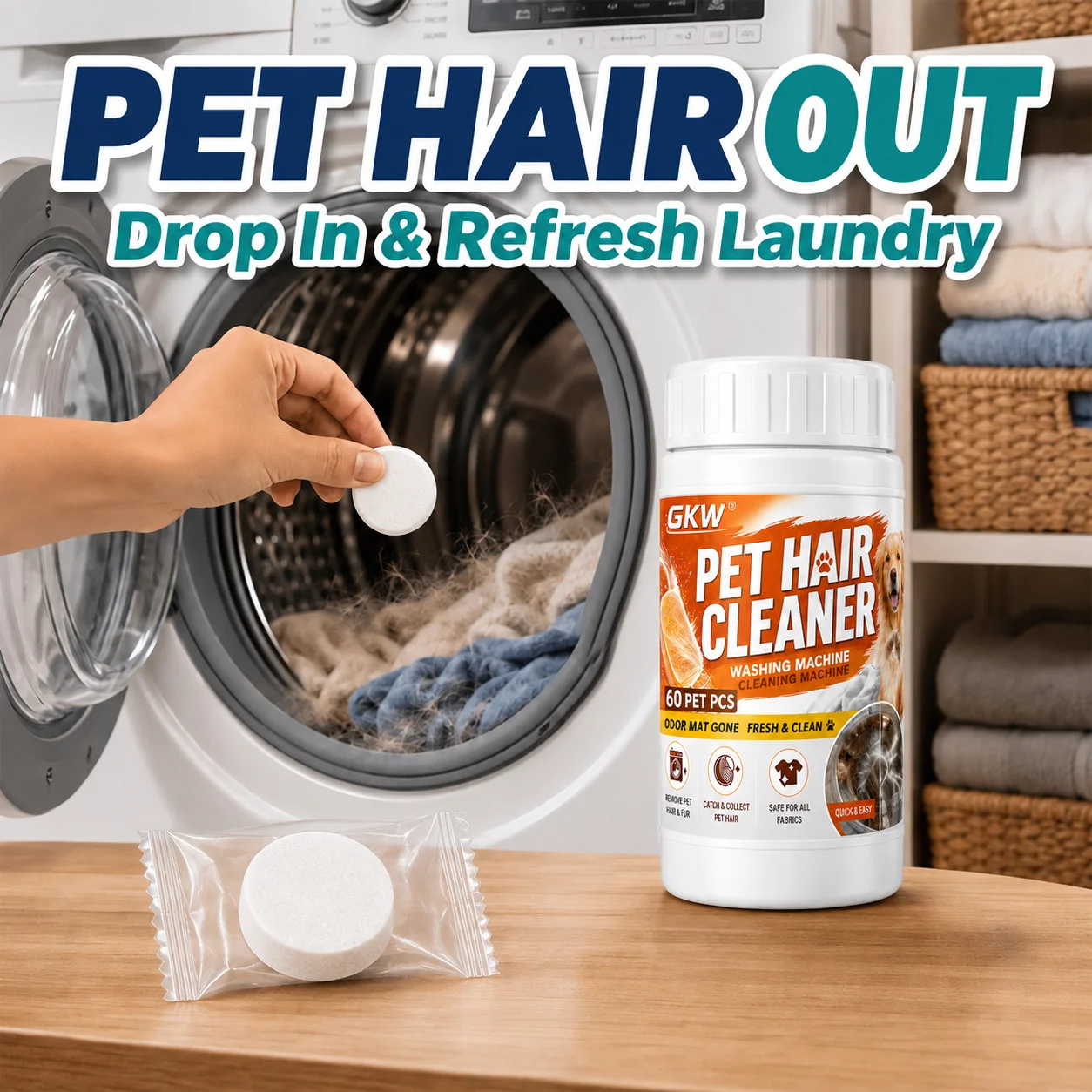 Pet Hair Washer Effervescent Tablets. Dissolves Loose Pet Hair, Reaches Hidden Gaps, Mild Formula for Dog & Cat Families.