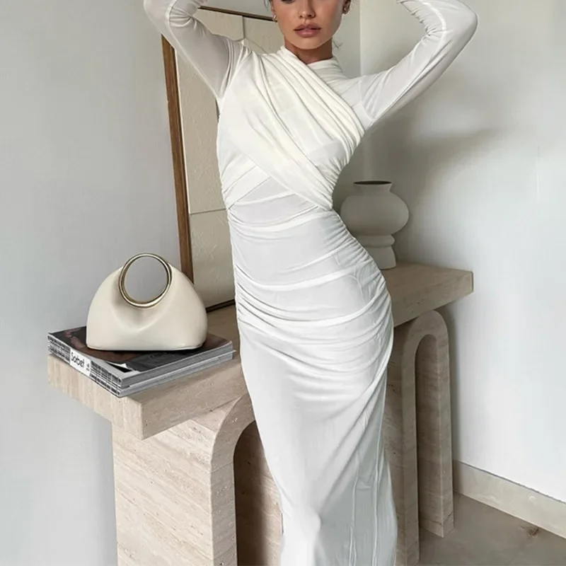 Talenza White V Neck See-through Long Dress Women Elegant Long Sleeve Slim Long Dress Female Fashion Party Dress Robe Outfits