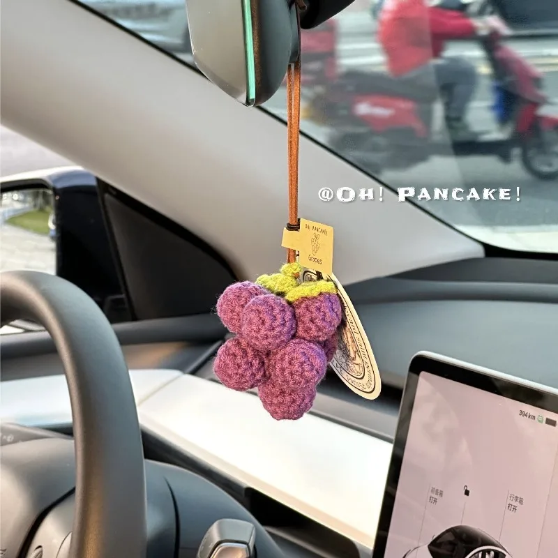 Cute Handmade Crochet A Bunch of Grape Car Hanging Decoration for Rearview Mirror Cute Keychain Pendant Knitted Creative Gift