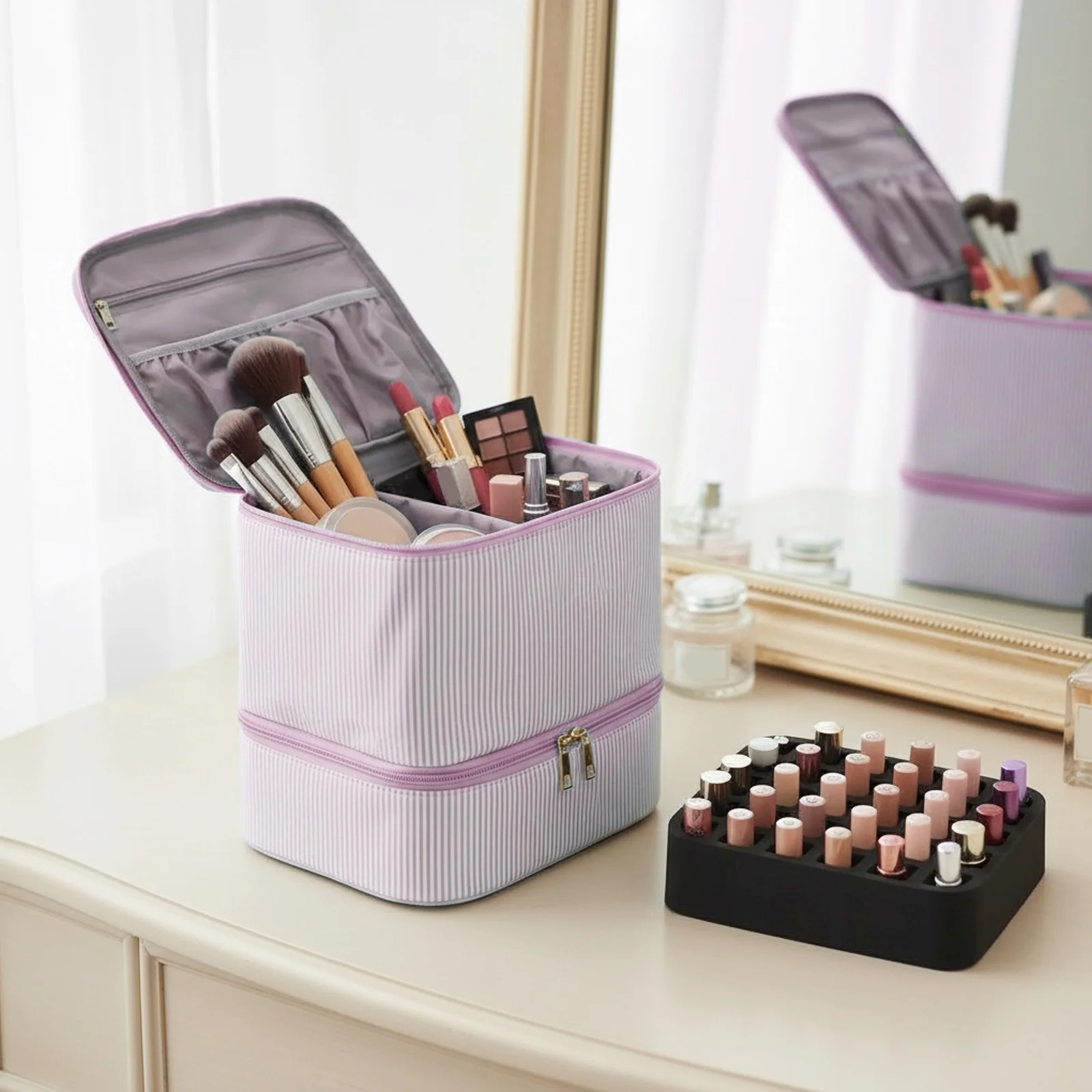 Double Layer Pu Leather Nail Polish Organizer Bag with Handles for Women (Pink)