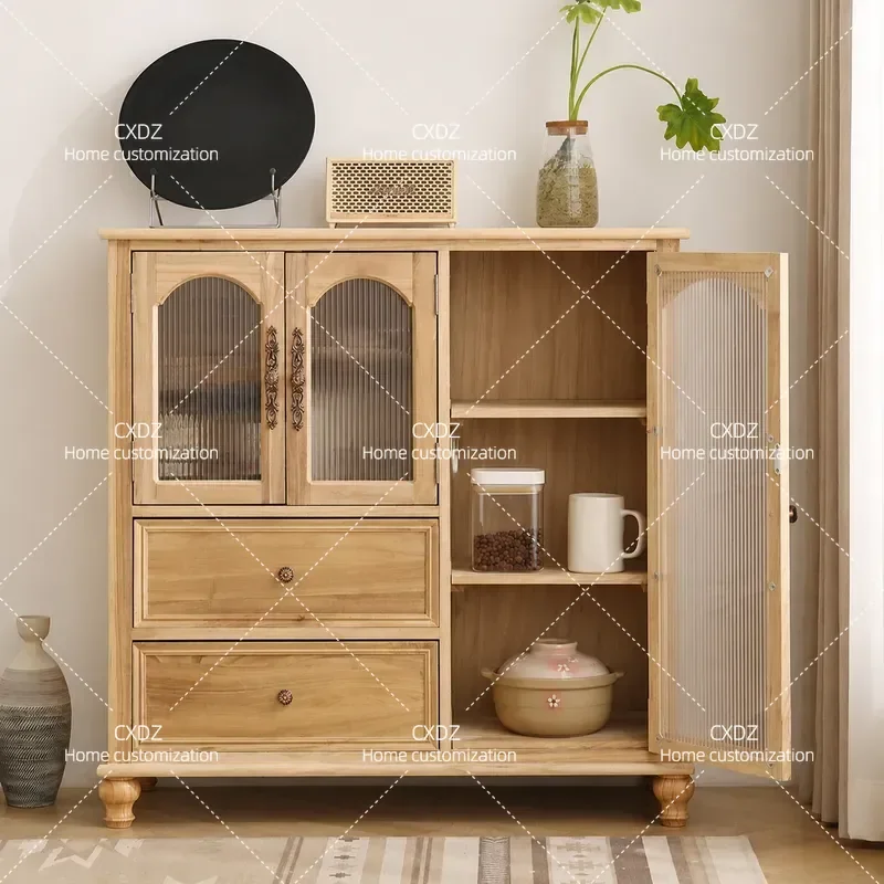 Solid Wood Dining Side Cabinet Tea Storage Cupboard Living Room Wall Mounted Thickened Locker Retro Style Furniture