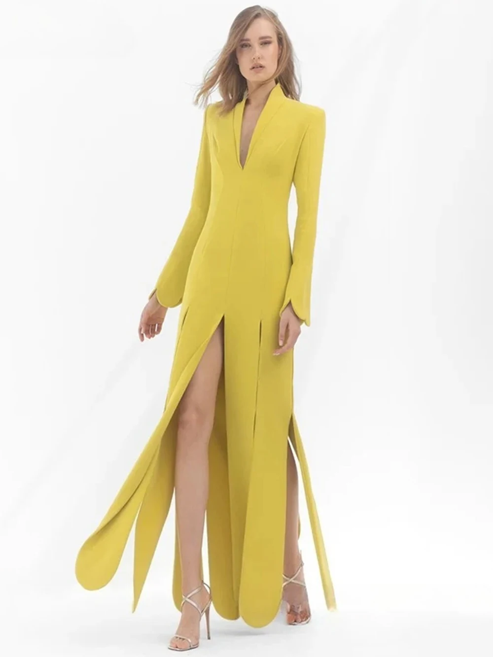 Robe longue élégante Modphy 2026 nouvelle collection automne, design à fente pétale, col en V ajusté, manches longues pour femme, idéale pour dîner et soirée
