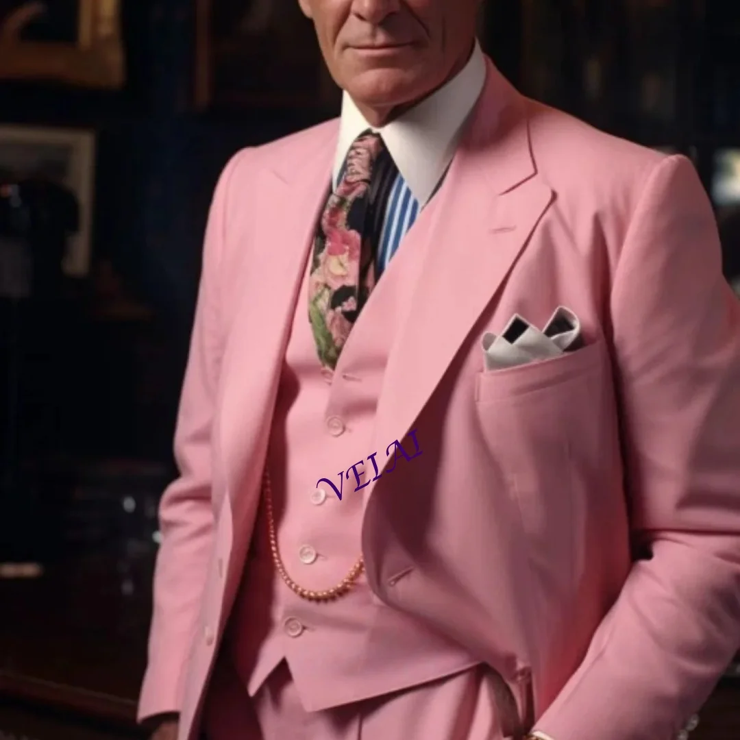 

Мужской деловой костюм для свадьбы и вечеринок, приталенный, с острыми лацканами, розовый (пиджак+жилет+брюки), на заказ