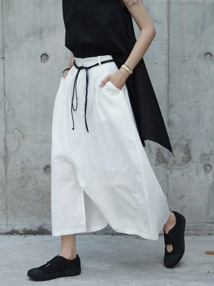 [EAM] 2024 New Spring Autumn High Waist Drawstring White Loose Big Size Loose Wide Leg Pants Women Trousers Fashion Tide JR505