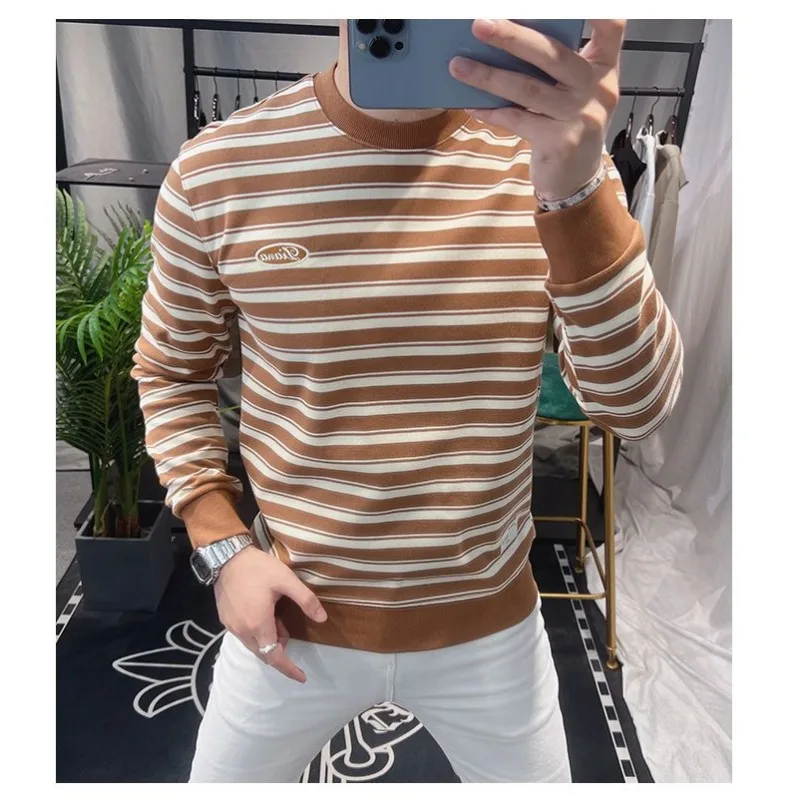 2025 New Autumn Fashion Trend Men's Long-sleeved T-shirt Round Neck Striped Print Slim Casual Sports Sweatshirt