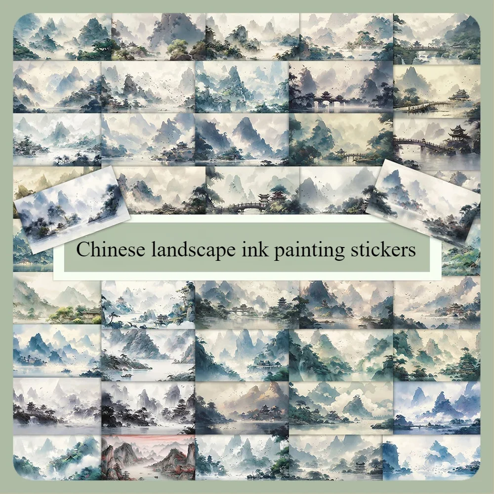 60Pcs Chinese Retro Style Landscape Ink Painting Sticker Water Cup Mobile Phone Case Stationery Decoration Scrapbook DIY Sticker