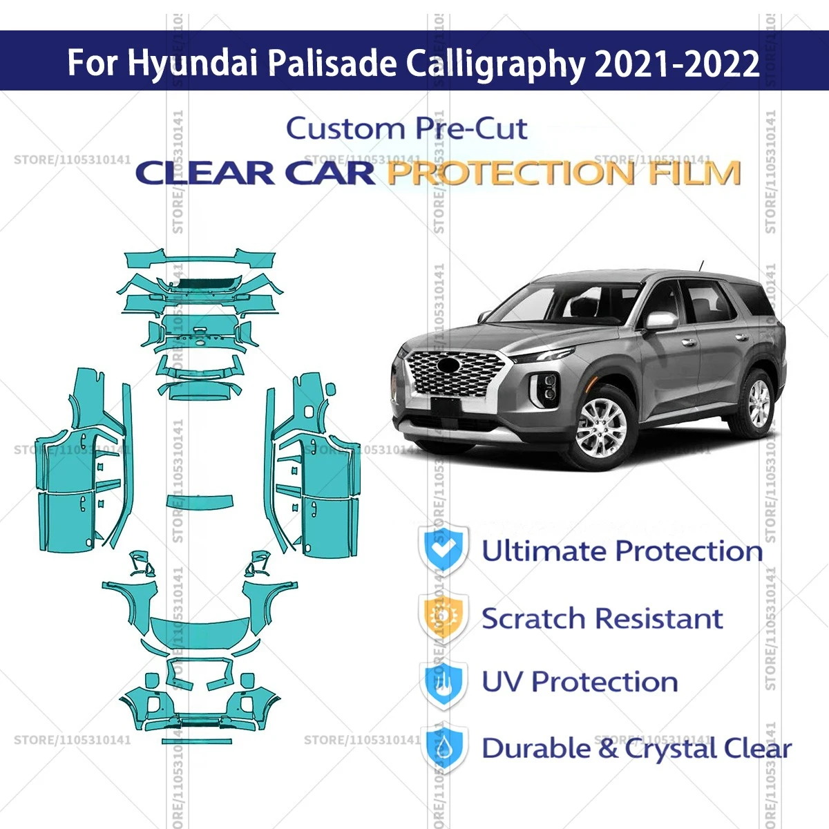 

Для Hyundai Palisade Calligraphy 2021-2022: Профессиональная прозрачная защитная пленка (PPF) для автомобиля, предварительно вырезанная