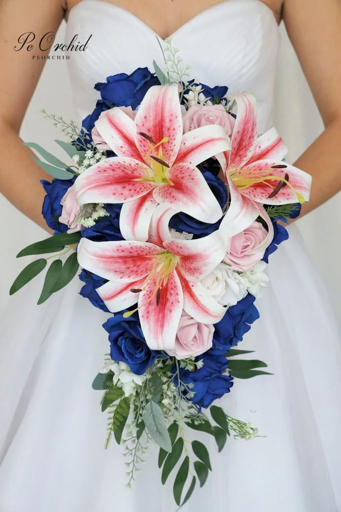 PEORCHID ROYAL BLUE ลิลลี่สีชมพู Cascading เจ้าสาว Bouquet De Mariage Trouwboeket ดอกกุหลาบประดิษฐ์ Faux ดอกไม้ช่อดอกไม้เพื่อนเจ้าสาว