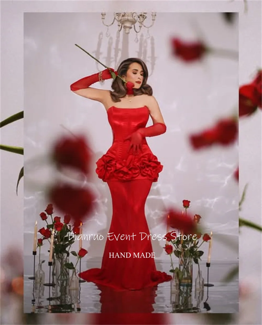 Dianruo Blumen Elegante Rote Abendkleider Satin Lange Prom Kleider Romantische Lace Up Zurück Bänder Vestidos De Fiesta Angepasst