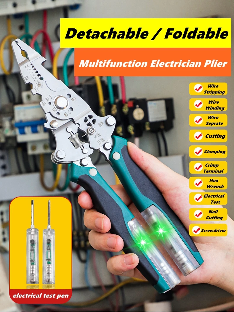 Multifunktionaler Abisolierer mit elektrischem Teststift, faltbarer Kabelschneider, Crimpwerkzeug, Elektriker-Klapptang zum Schneiden – Detail 1