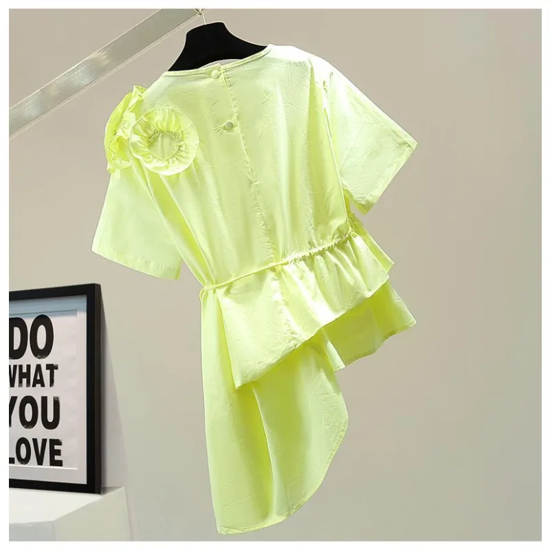 

Three-dimensional Flower Strap Waist Shirt 2026 Summer Korean Version Loose and Thin Solid Color Irregular Ruffle Edge Shirt New