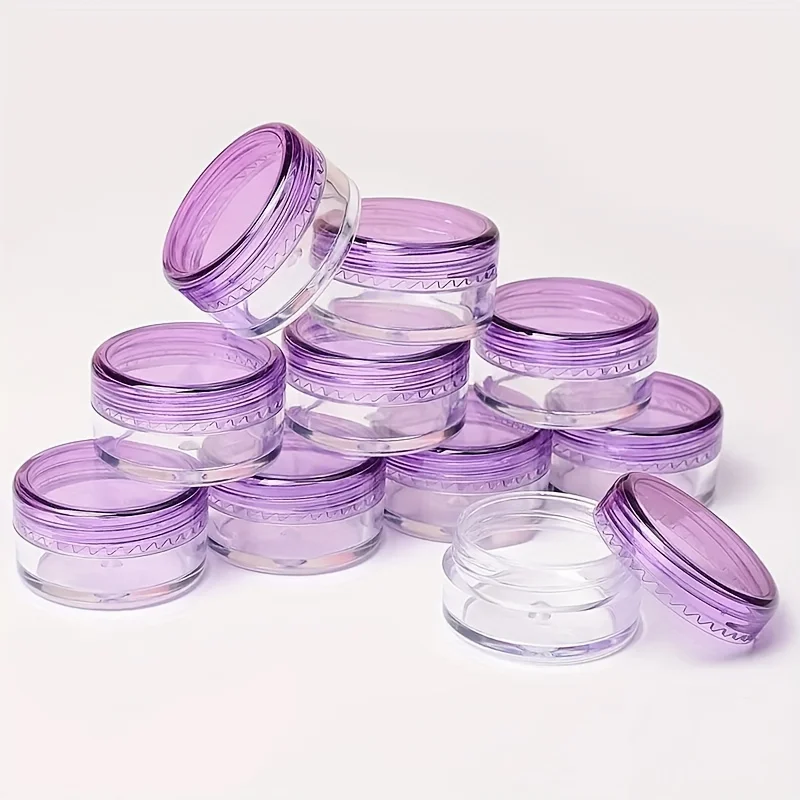 10er-Pack transparente Kosmetikdosen aus Kunststoff, mit lila Deckel, Reisecremebehälter, Lotion, Perlen, Lidschatten, Strass, Probe