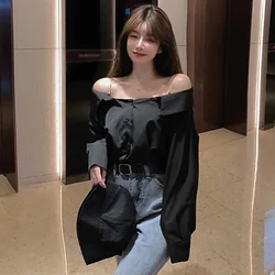 Autumn  Women Blouse Elegant Chic Shirts  Solid Skew Collar Off Shoulder Sexy Hot Sale Long Sleeve Loose Blusas Top New Mujer