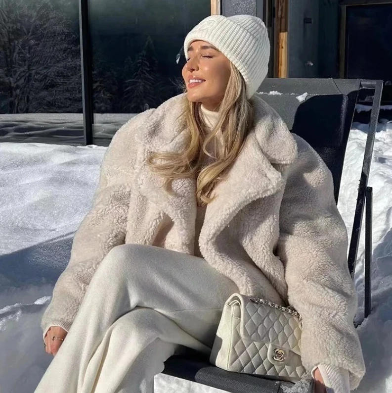 

Spring 2025 Women's Thick Warm Snow Fur Jacket, Fashion Teddy Velvet Coat with Collar, Loose Streetwear Woolen Top Outerwear