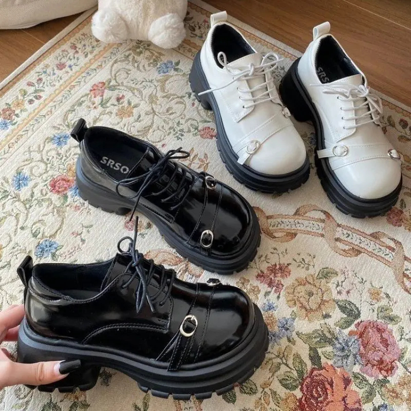 2024 NEW LeShion of Plus Size 35- 39 Women Designer Chunky Heels Shoes Thick Platform Buckle Lace-up Goth Flat Shoes Ladies Chic