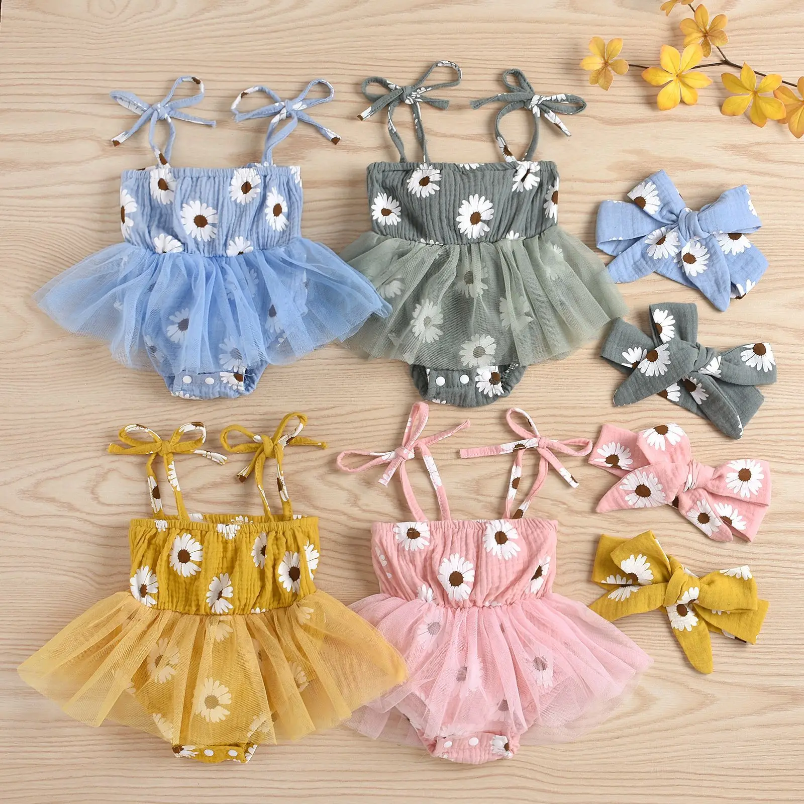 Summer girl baby toddler notch print double wrinkled sunflower suspender mesh dress and bandana two-piece set sweet and cute