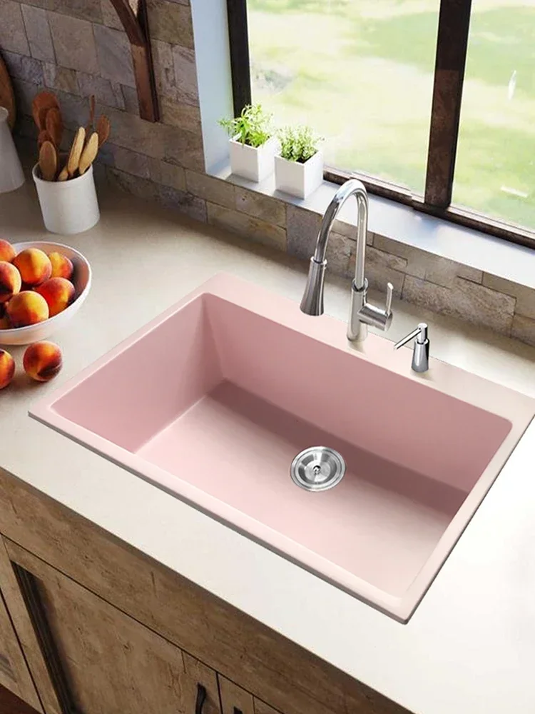 Light Pink Quartz Stone Large Single Sink Bar Basin Middle Island Basin Kitchen Counter Color Sink Washing Basin