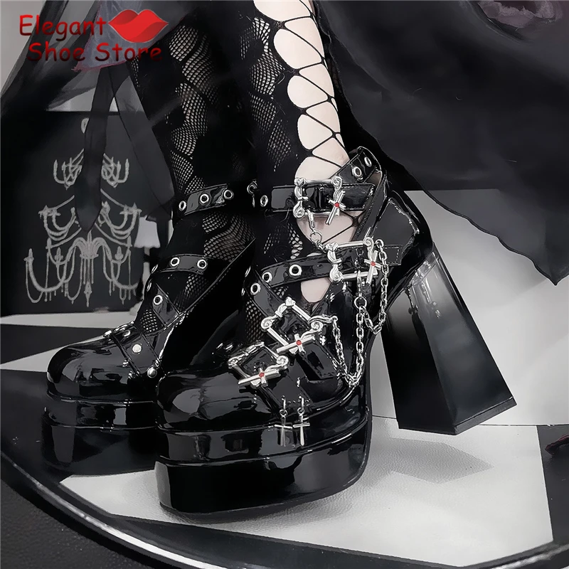 Gothic Metal Buckle Chain Mary Jane Shoes Punk Black Leather Round Toe Platform Chunky Heel Pumps Lolita Women Dress Shoes