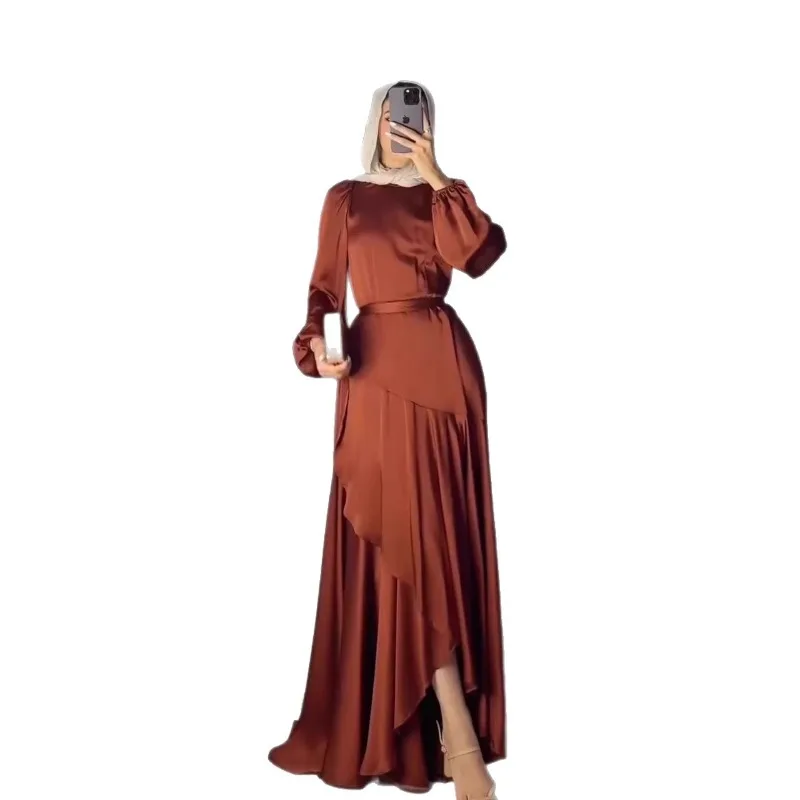 Temperament Rüschen Unregelmäßiges Kleid Muslimischen Satin Oansatz Hohe Taille Abendkleid Elegante Laterne Hülse Einfarbig A-linie Kleid