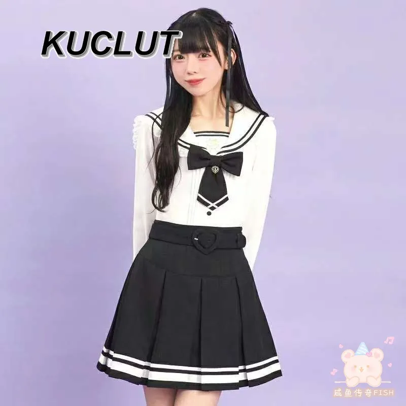 

Spring Autumn Women's Two Piece Sets College Lolita Style Navy Collar Mass-Produced Collar Embroidered Student Uniform JK Set