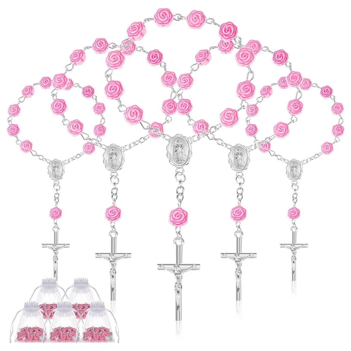 30 Pieces Baptism Rosary Mini Rosary Baptism Favors Finger Baptism Rosaries Rose Shaped Beads with 30 Organza Bags