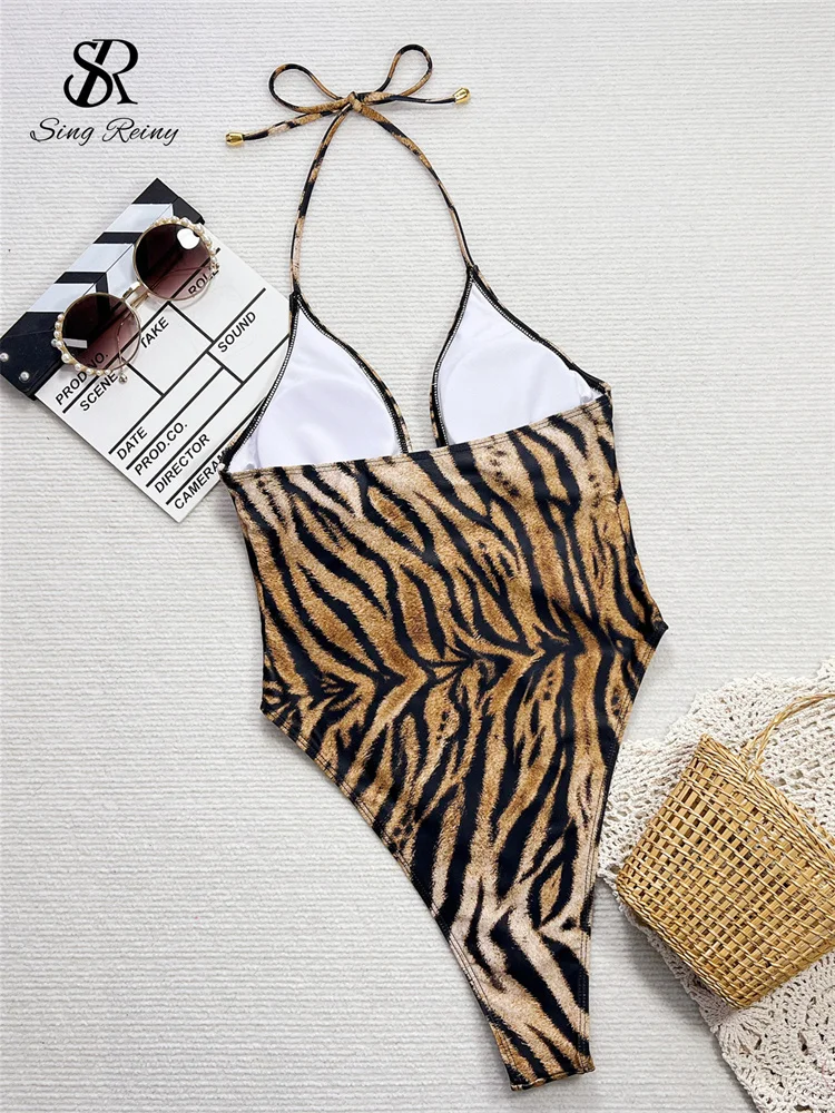 SINGREINY Sensual Bikini Leopard Rompers Female Lace Up Halter Bodysuits Fashion Bandage Slim Beach Style Women Print Playsuits