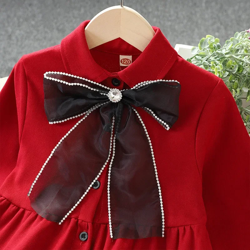 2023 autumn retro bow with crystal New Girls princess Dress Cotton Teenager Casual layered cloth Baby Clothes Toddler 12 year