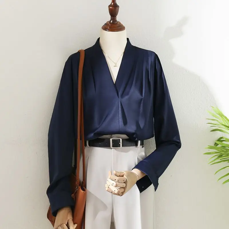 Korean Spring New Arrival Women Elegant Satin Blouse V-Neck Office Navy Shirt Vintage Autumn Casual Tops