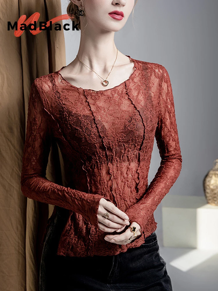 

MadBlack-Women's European T-Shirt, Sexy O Neck Lace Patchwork, Streetwear Long Sleeve Slim S-3XL Sheer Tee, 2025 Autumn T5O578CC