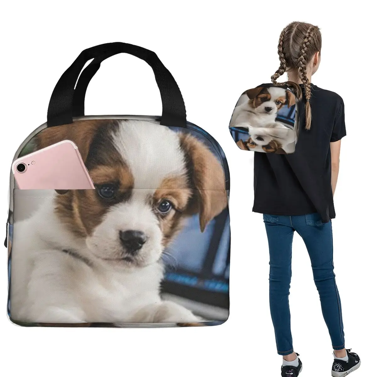 

Изолированная сумка для обедов с изображением маленькой собачки, смотрящей на компьютер, для женщин и детей, портативные контейнеры для еды, термосумка для обедов