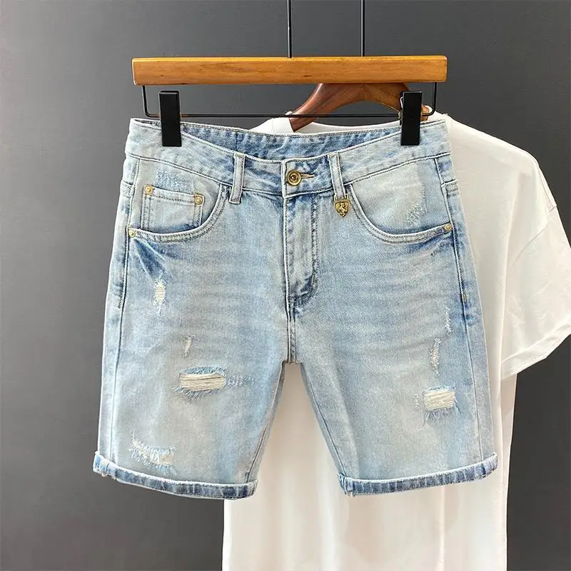 Luxury Brand Streetwear Washed Light-colored Ripped Denim Shorts Men's Slim Trendy Brand Handsome Scratched Summer Short Pants