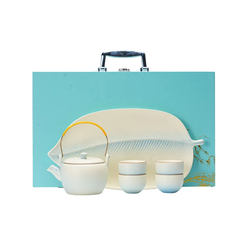 Matte large handle set teapot, one pot with four cups, tea tray, ceramic gift box set, Kung Fu tea set set, business souvenir