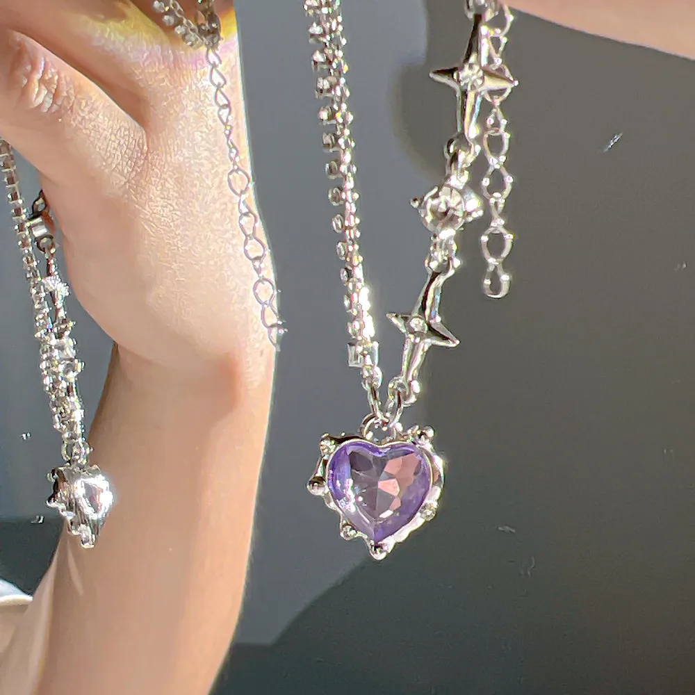 Y2K Purple Crystal Heart Pendant Necklace Women Sweet Cool Girl Punk Clavicle Chain Fashion Aesthetic Necklace Jewelry Gift 2023