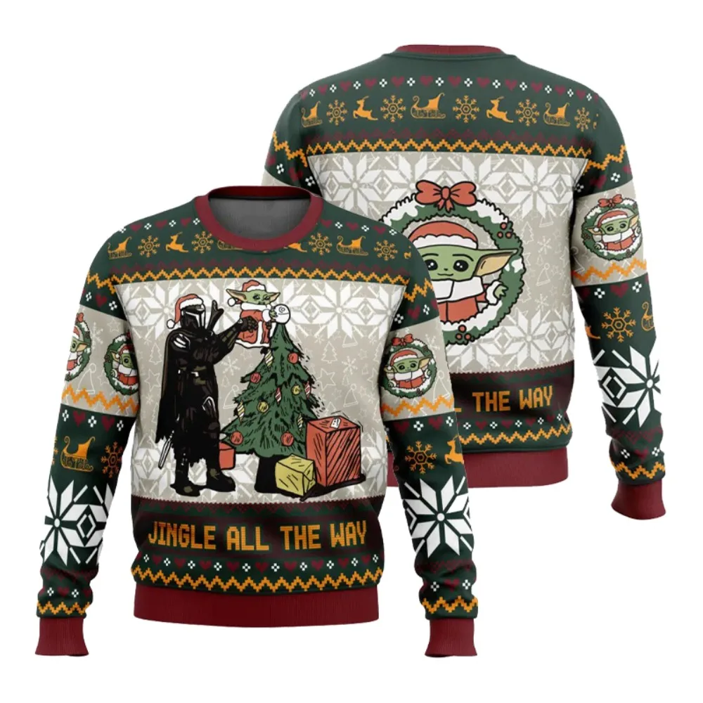 2025 Suéter de cuello redondo de Navidad feo de invierno para mujer, suéter de calle de moda con estampado mandaloriano y Baby Yoda