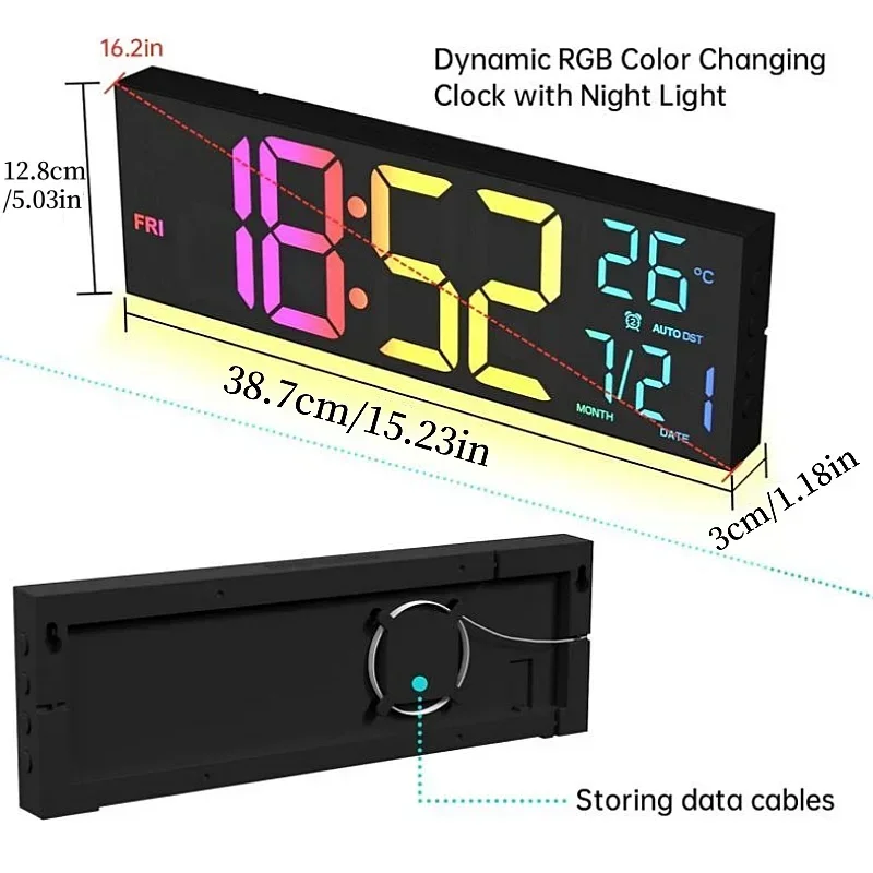 16 Inch Large Digital Wall Clock with Remote Control Mood Light 8 Clors RGB Dual Alarm Timing Countdown 12/24H LED Alarm Clock