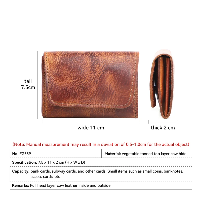 100% Genuine Leather Card Wallet For Men Women Vintage Handmade Short Small Men's Purse Card Holder Coin Pocket Money Bag