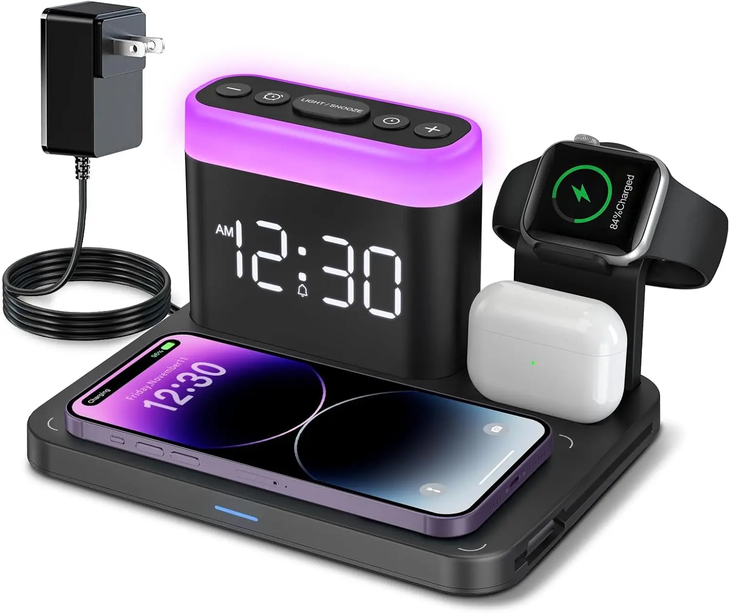 

5-in-1 Magnetic Wireless Charging Station with Alarm Clock & Night Light for iPhone, Apple Watch, AirPods