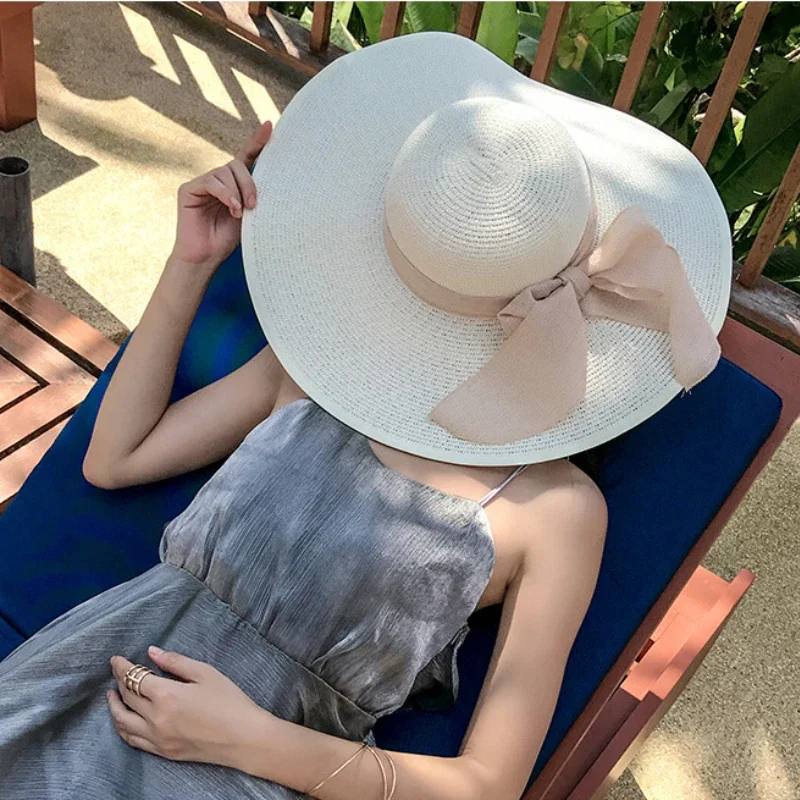 Big Bowkno Summer Fashion Sun Hats Beach Flat Panama Lady Casual Wide Brim Straw Hat Beach Cap Black Bow for Women Accessories