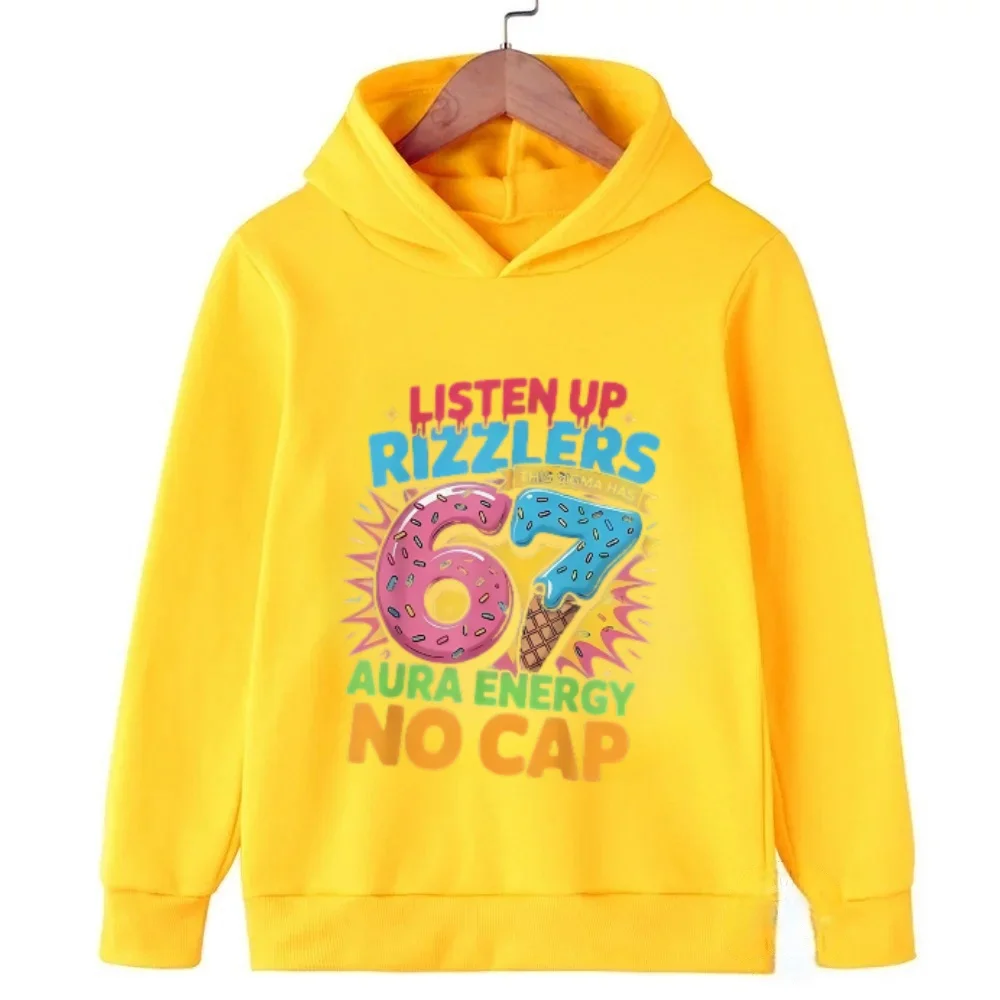Rizzlers 67 Sigma Hoodie für Kinder, Jungen und Mädchen, Unisex Streetwear Sweatshirt, Donut-Eiscreme-Grafikdruck, Langarm-Kapuzenpullover – Detail 5