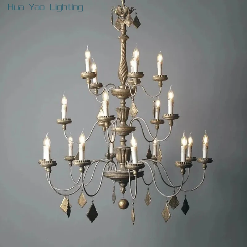 Retro log multi-layer living room chandelier personalized American villa homestay old lighting country style decorative lamps