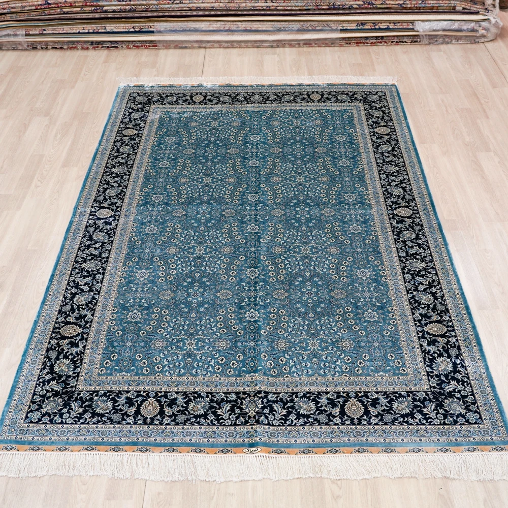 183x274cm Hand Made Persian Tabriz Carpet Blue Hand Knotted Turkish Rug (TJ736A)