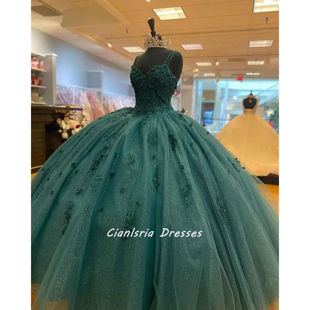 Vestidos de quinceañera sin mangas de tul de cristal verde esmeralda, vestido de baile con tirantes finos, apliques florales, ropa de fiesta dulce 15